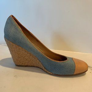 Denim raffia wedges with leather trim